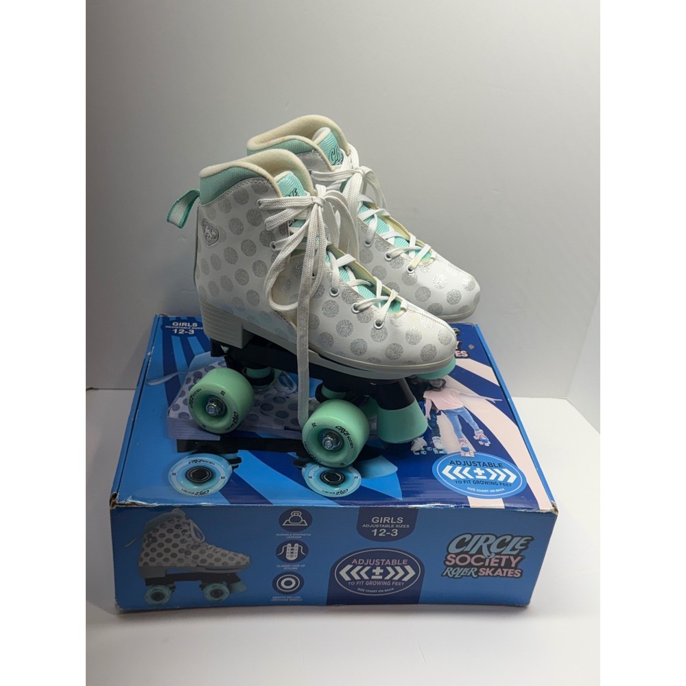 Circle Society Girls Adjustable Roller Skates Size 12-3 White Silver Polka Dot